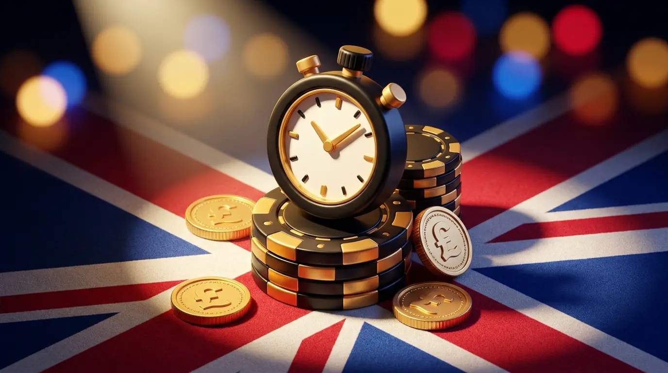 Stopwatch on casino chips with British coins representing early payouts