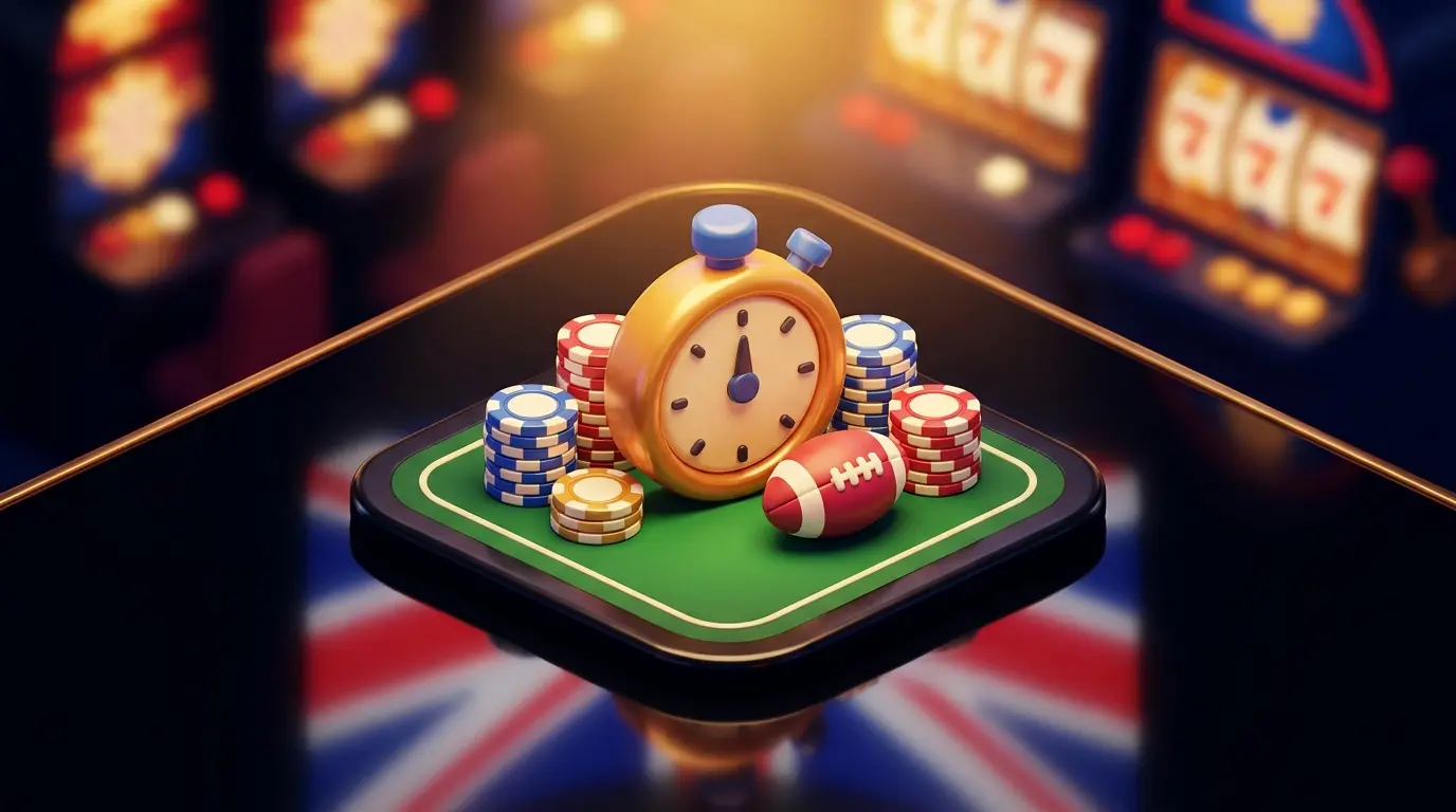 Stopwatch with betting chips and football in UK themed colors