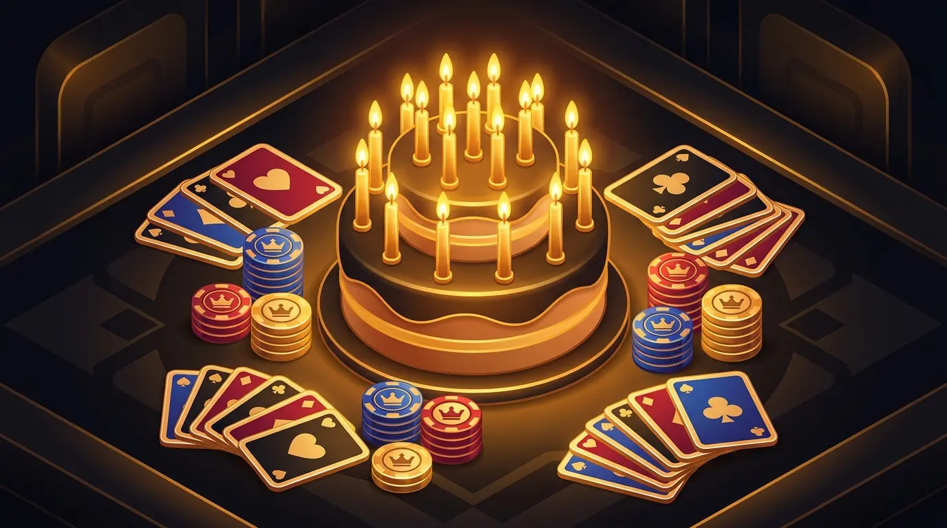 Eighteenth birthday cake surrounded by casino gaming elements