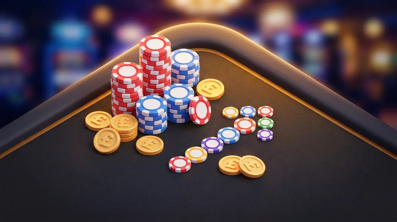 Casino chips and coins arranged with upward arrow showing enhanced odds
