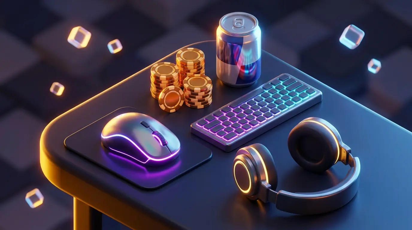 Gaming setup with colourful lighting, chips and peripherals on desk