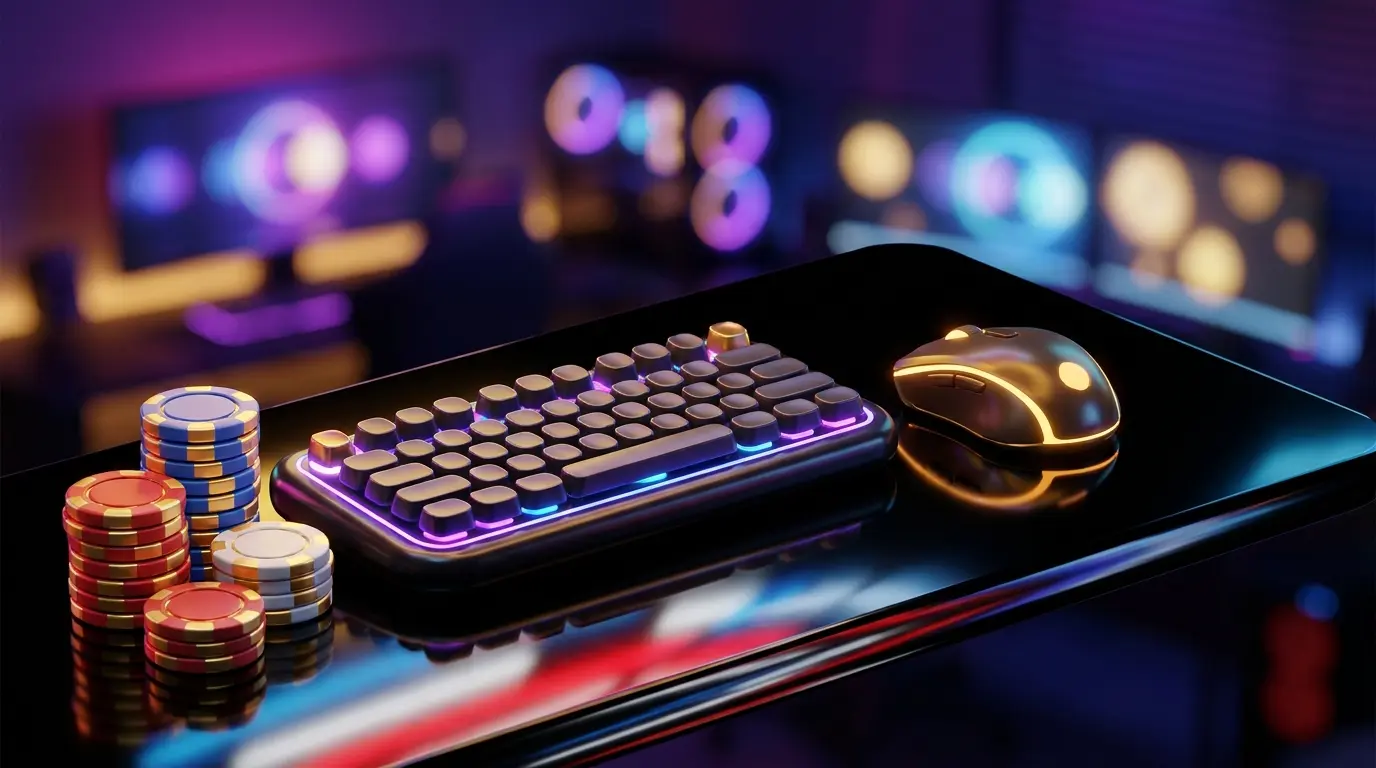 Gaming setup with poker chips and UK-themed lighting for esports betting