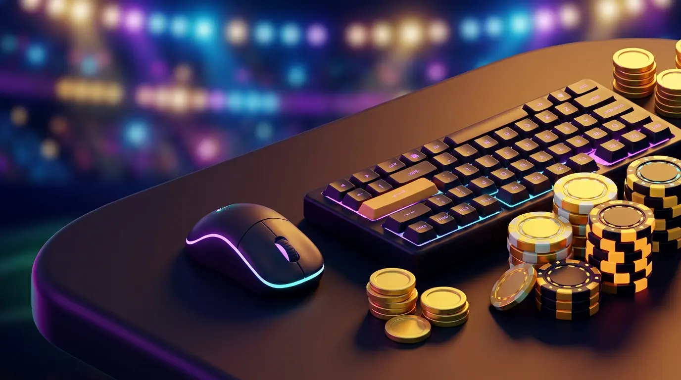 Gaming peripherals with poker chips under dramatic neon lighting