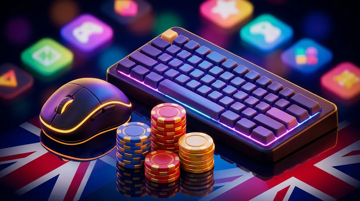 Gaming peripherals with poker chips in UK-themed neon lighting