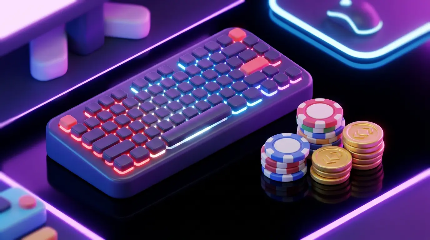 Gaming keyboard with chips and coins in UK flag colors