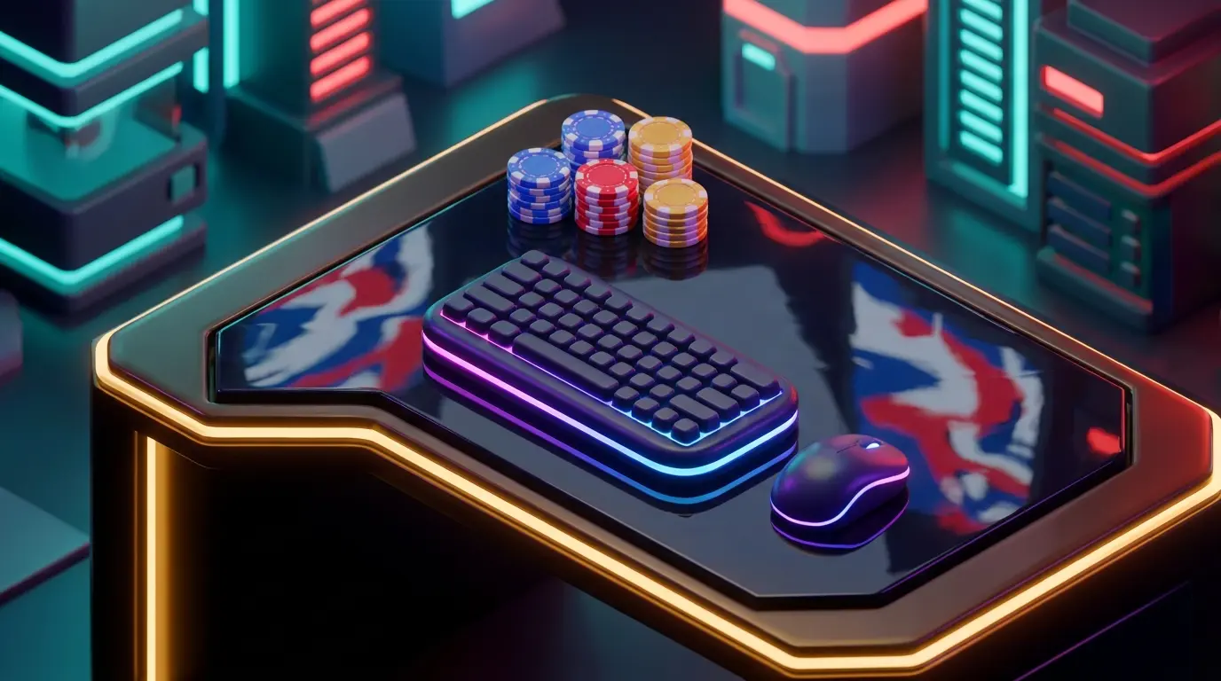 Gaming peripherals with neon lighting and poker chips on dark surface