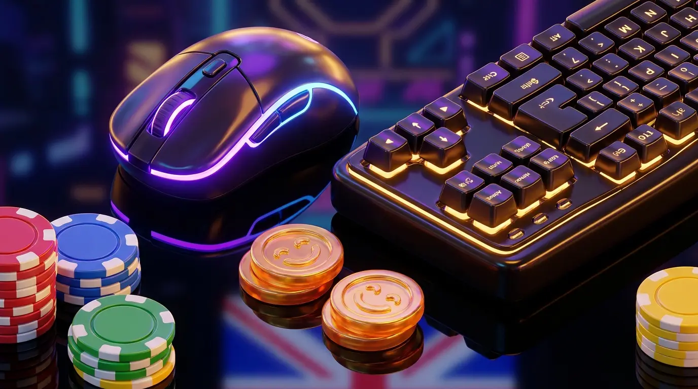Gaming peripherals with poker chips and coins in UK-themed lighting