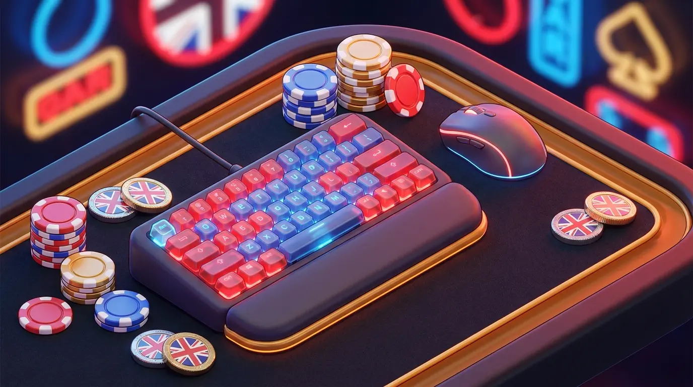 Gaming setup with poker chips and British currency