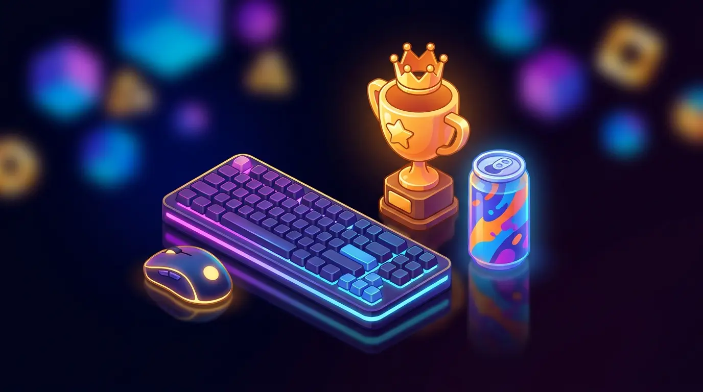 Professional esports gaming setup with neon lighting and trophy