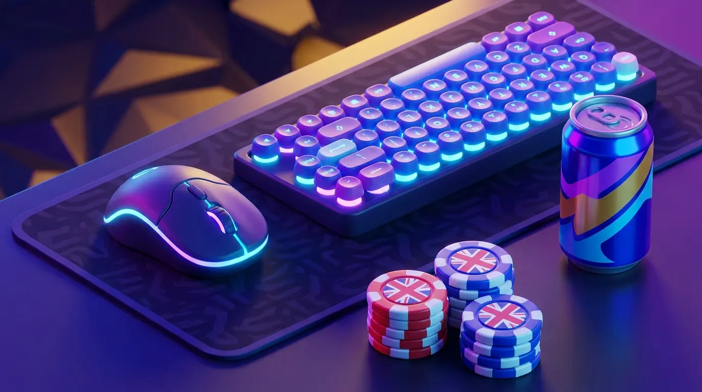 eSports gaming setup with UK-themed betting chips and neon lighting