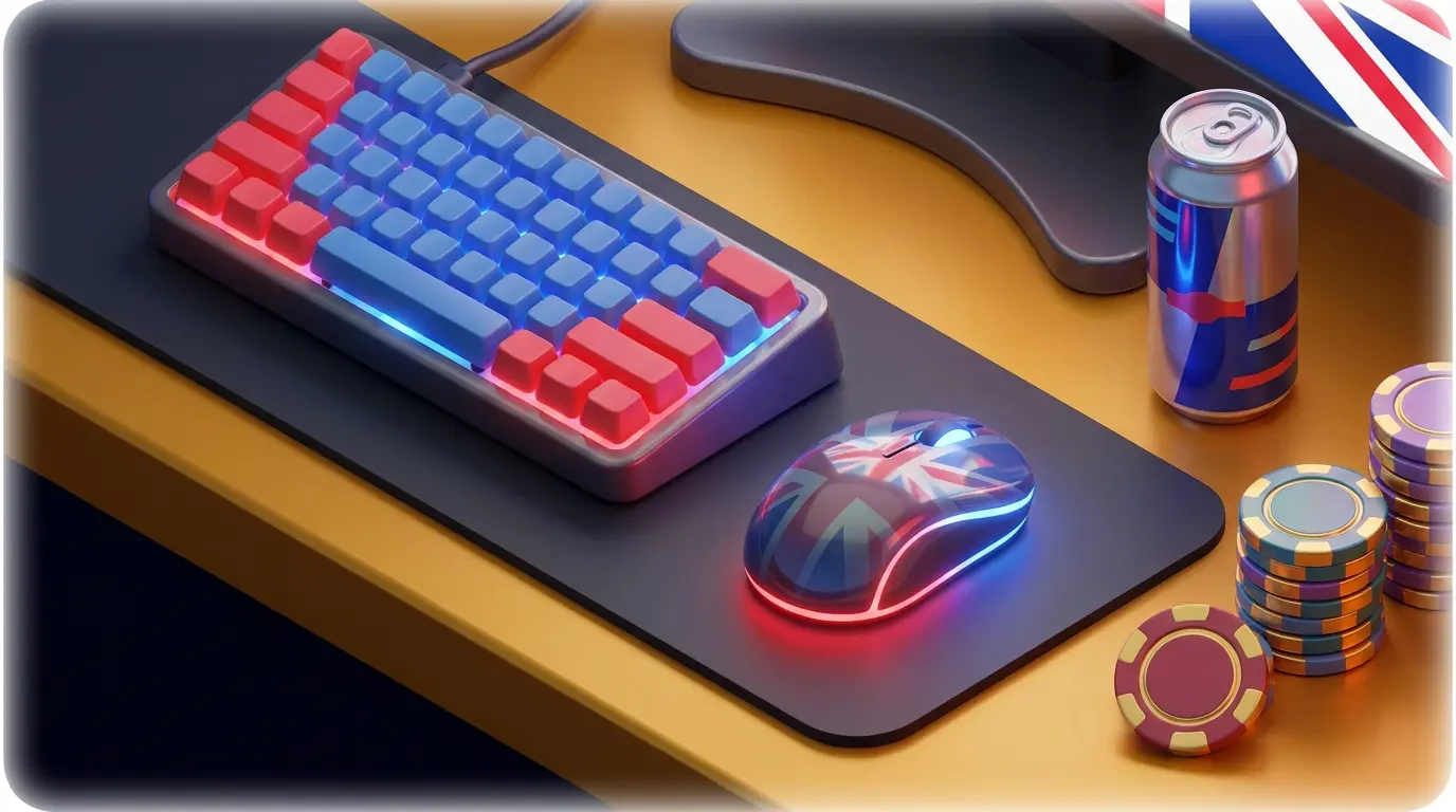 eSports gaming setup with poker chips and UK color accents