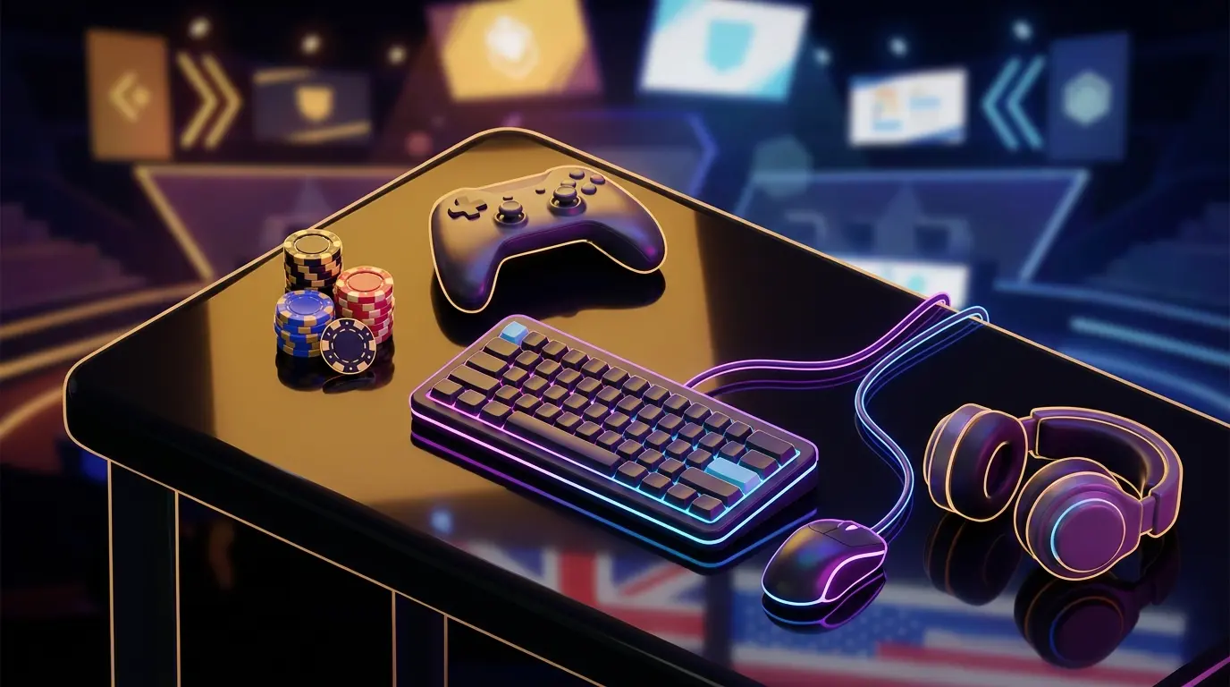 Gaming equipment with chips in UK-themed esports betting scene