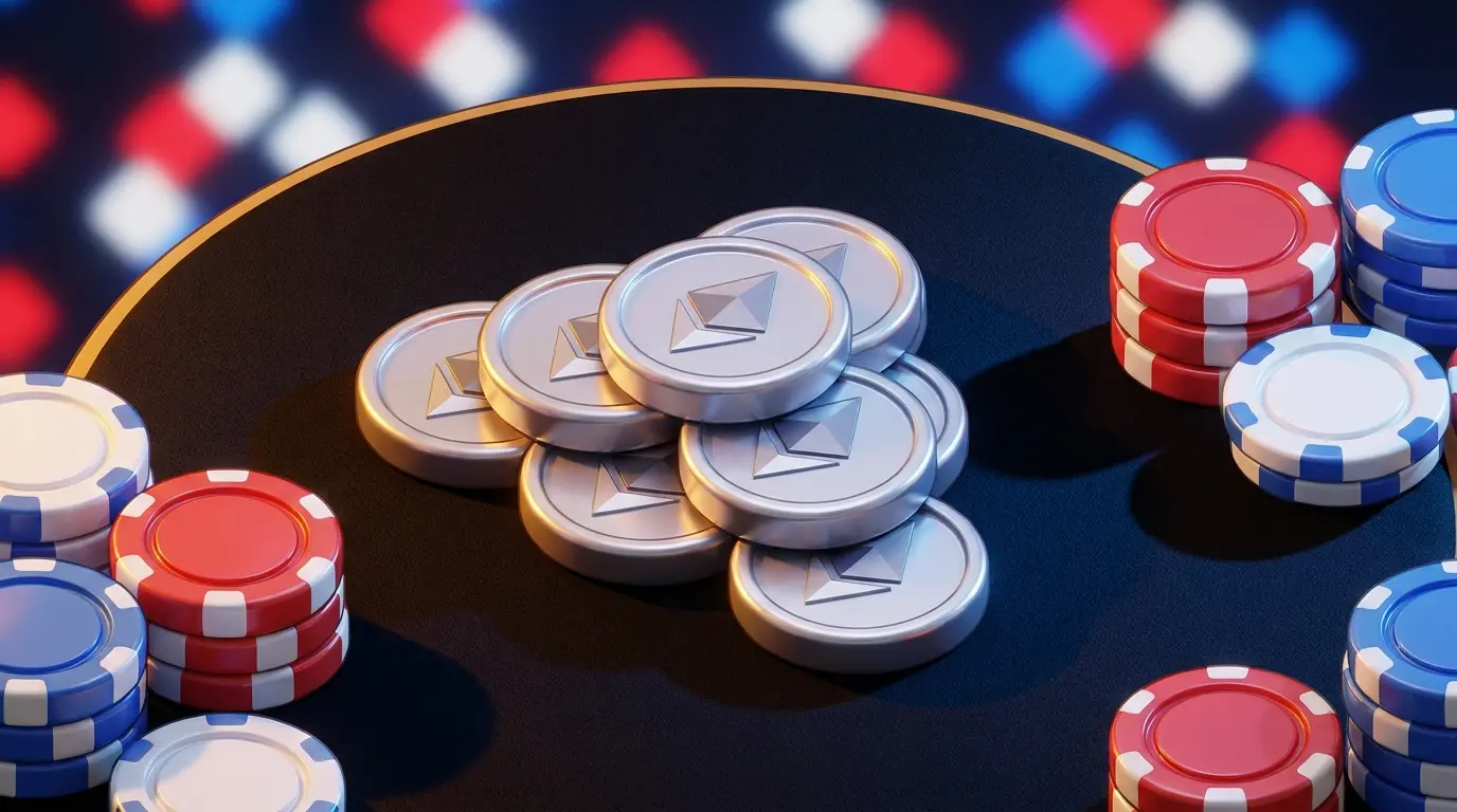Ethereum coins with UK-themed casino chips on gaming table