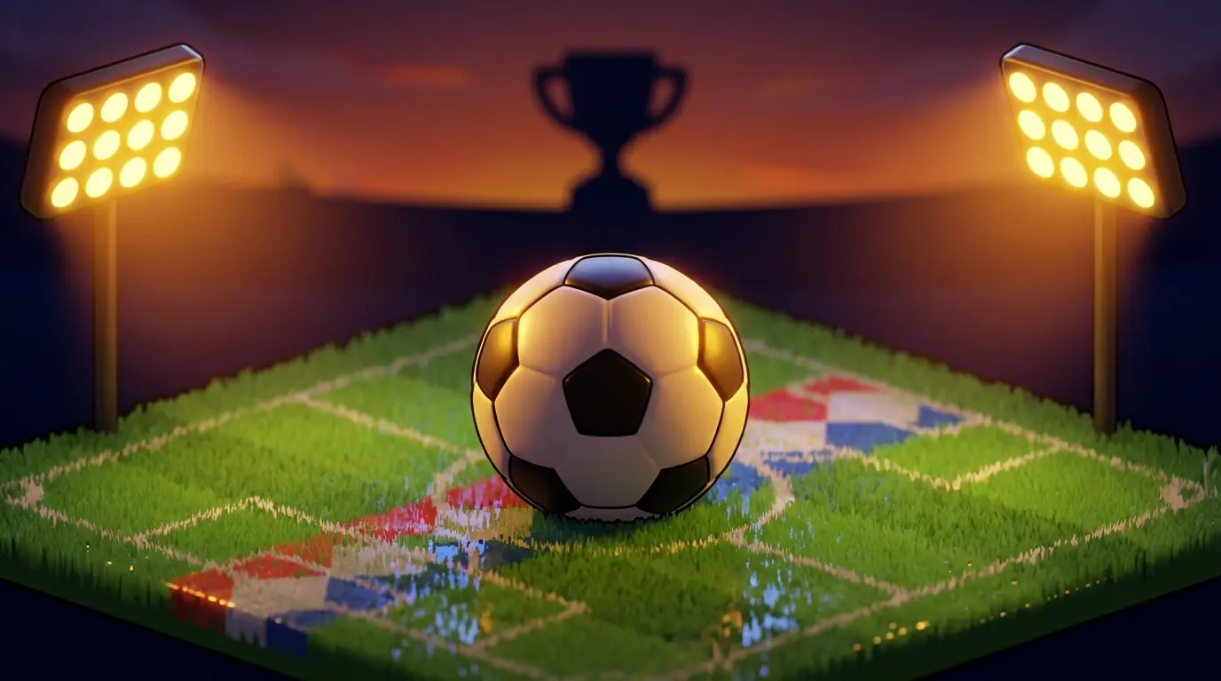 Football on stadium pitch with UK flag colors and trophy silhouette