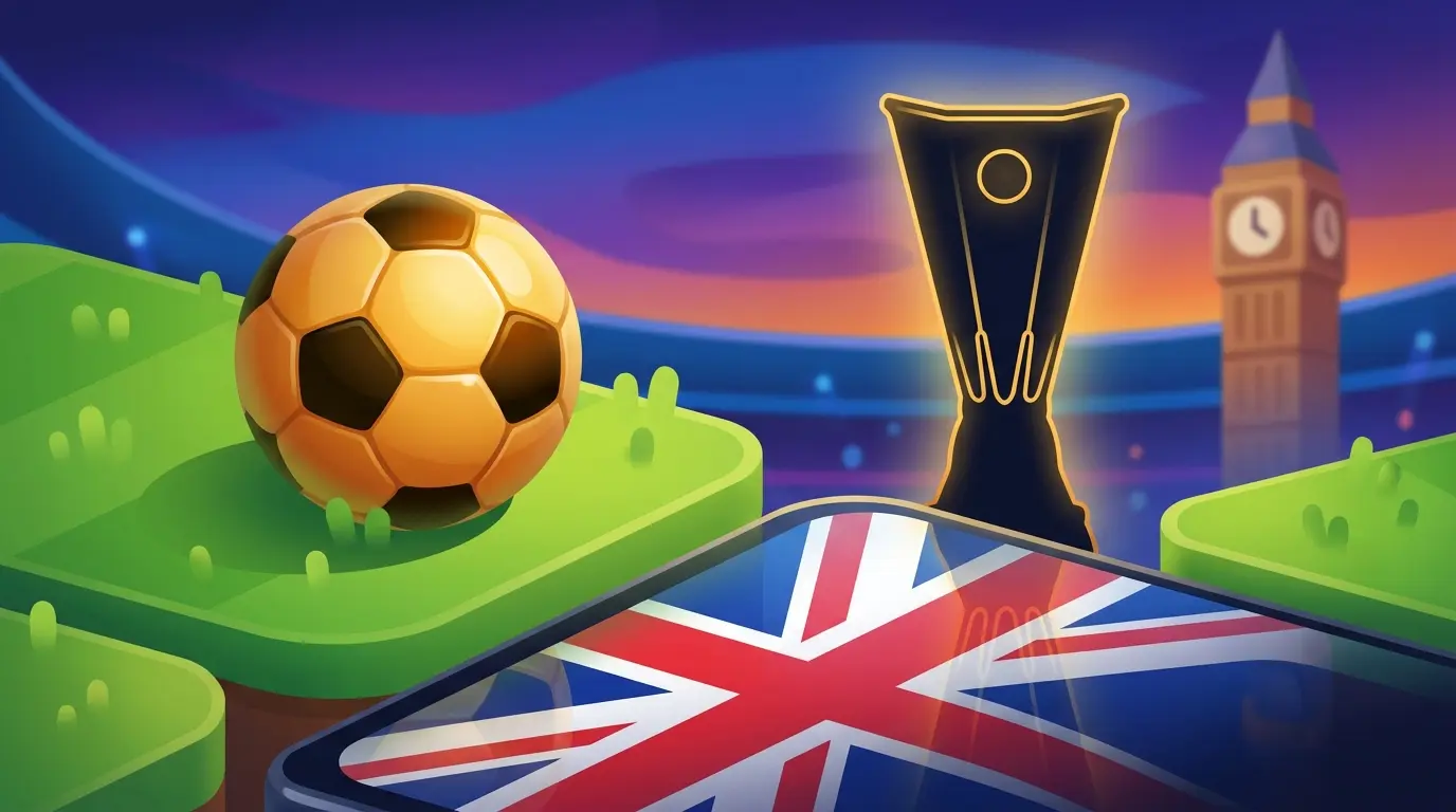 Football and trophy with British landmarks in stadium lighting