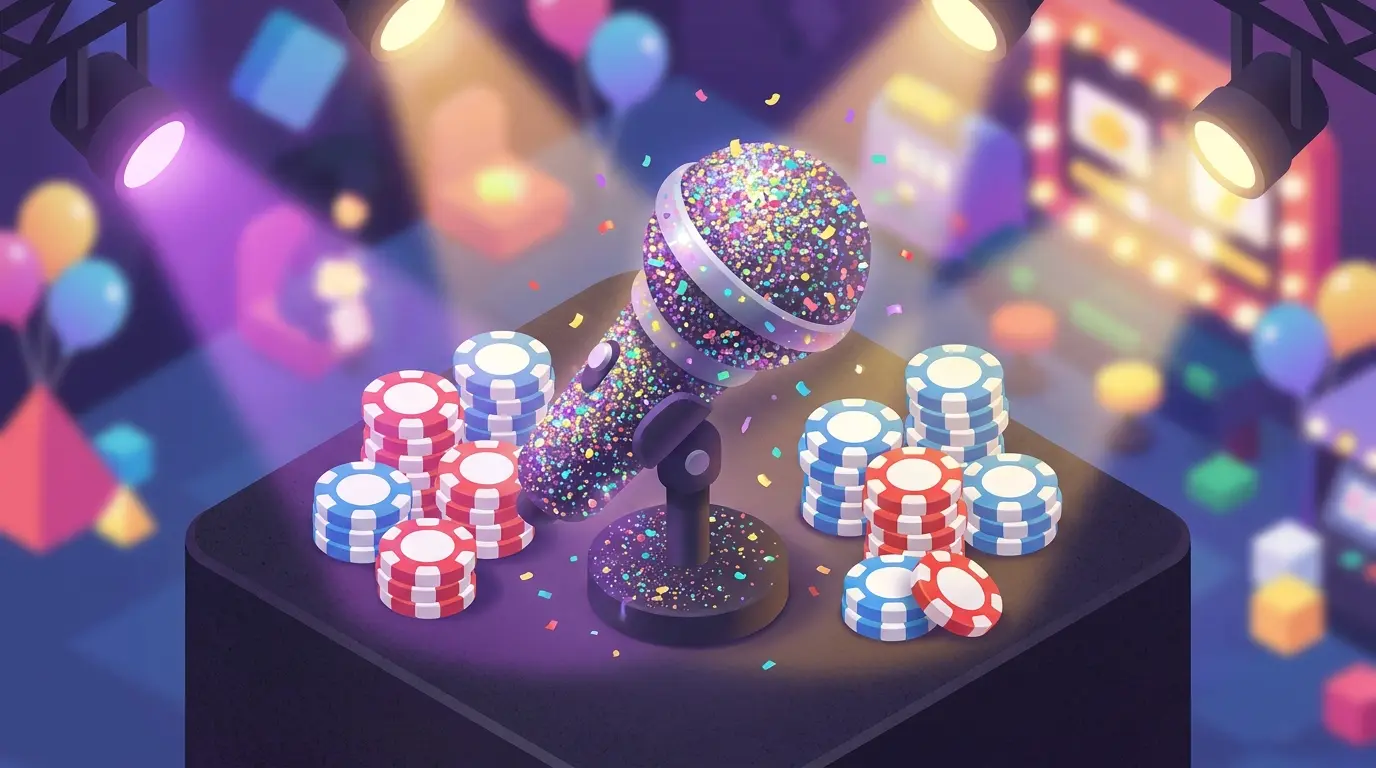 Eurovision microphone with betting chips in UK colors under stage lights