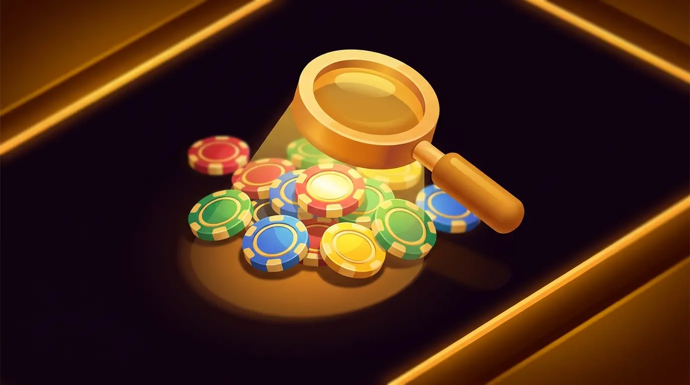 Magnifying glass inspecting betting chips under dramatic lighting