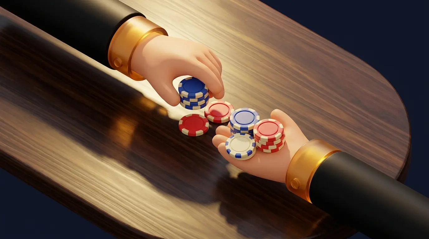 Hands exchanging poker chips with UK flag colors on wooden table