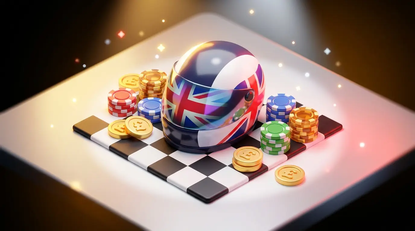 F1 helmet with Union Jack colors, poker chips and coins arrangement