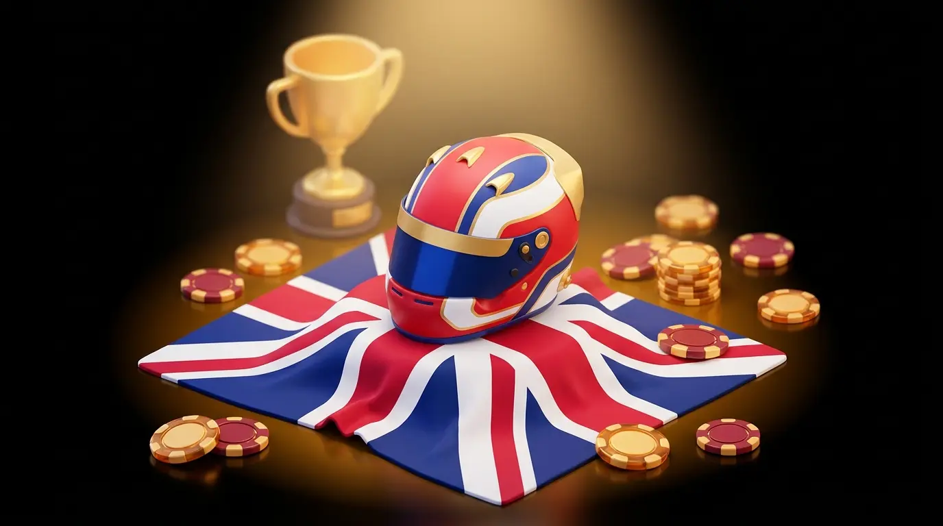 F1 helmet with UK flag and betting chips in dramatic lighting