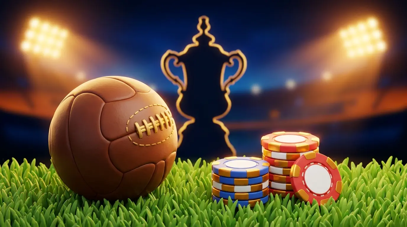 Football and betting chips on pitch with trophy in background
