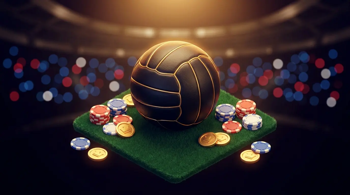 Football surrounded by poker chips and coins on pitch with UK colors