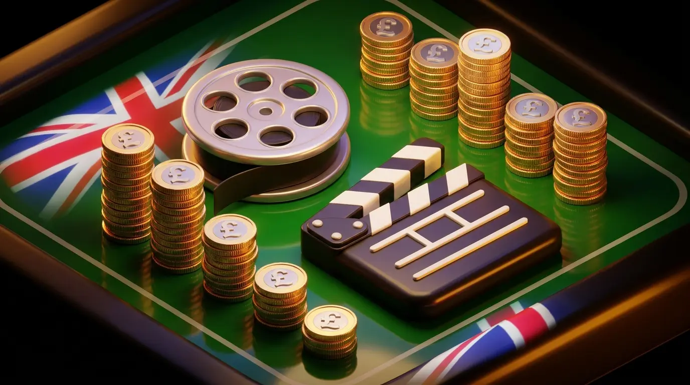 Film equipment and pound coins on betting table with UK colors