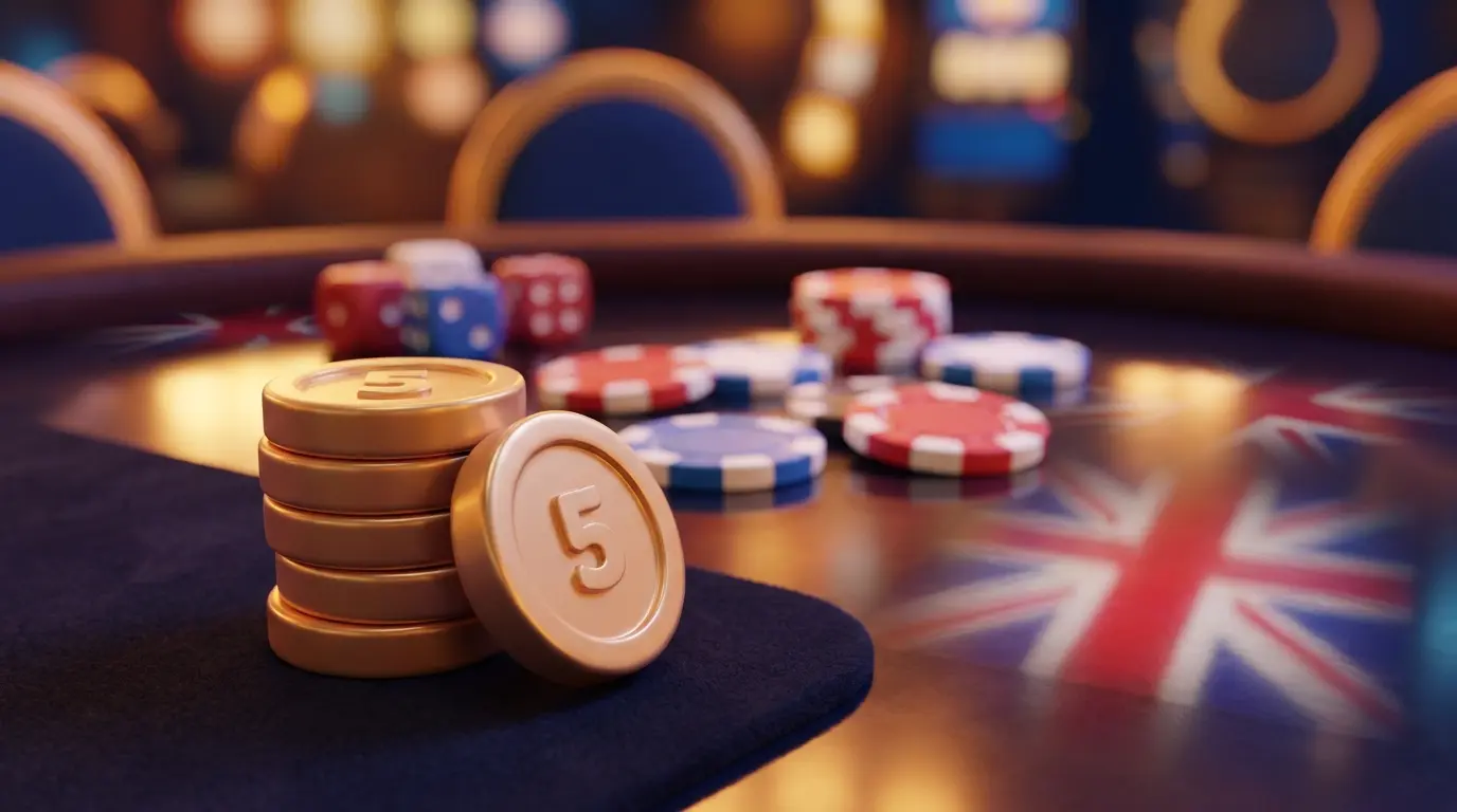 Stacked five pound coins with poker chips on felt casino table