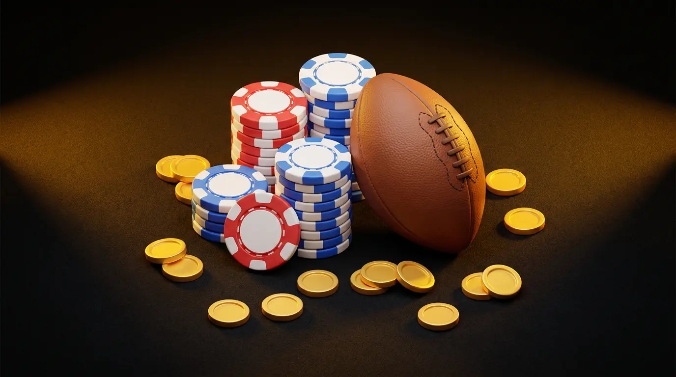 British colored betting chips arranged with football and coins