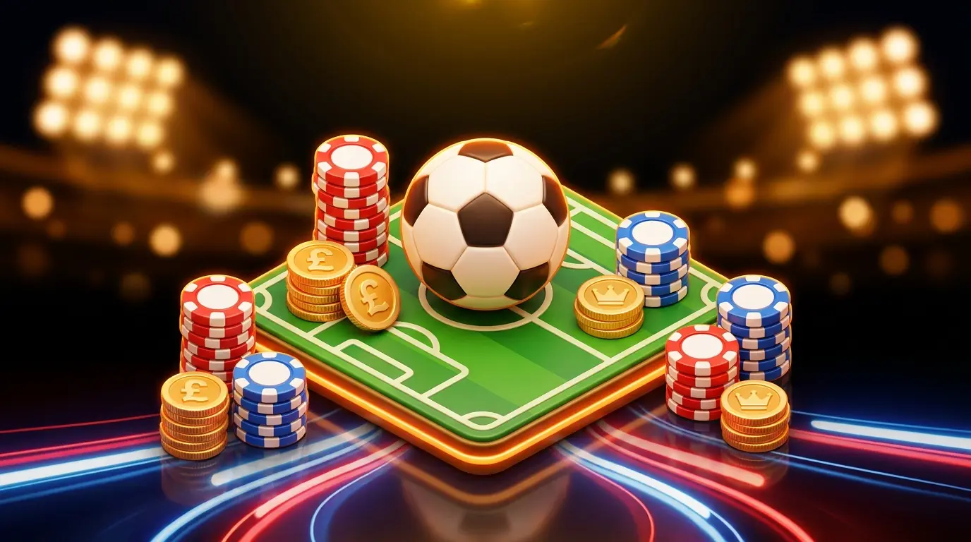 Football surrounded by betting chips and British coins on grass pitch