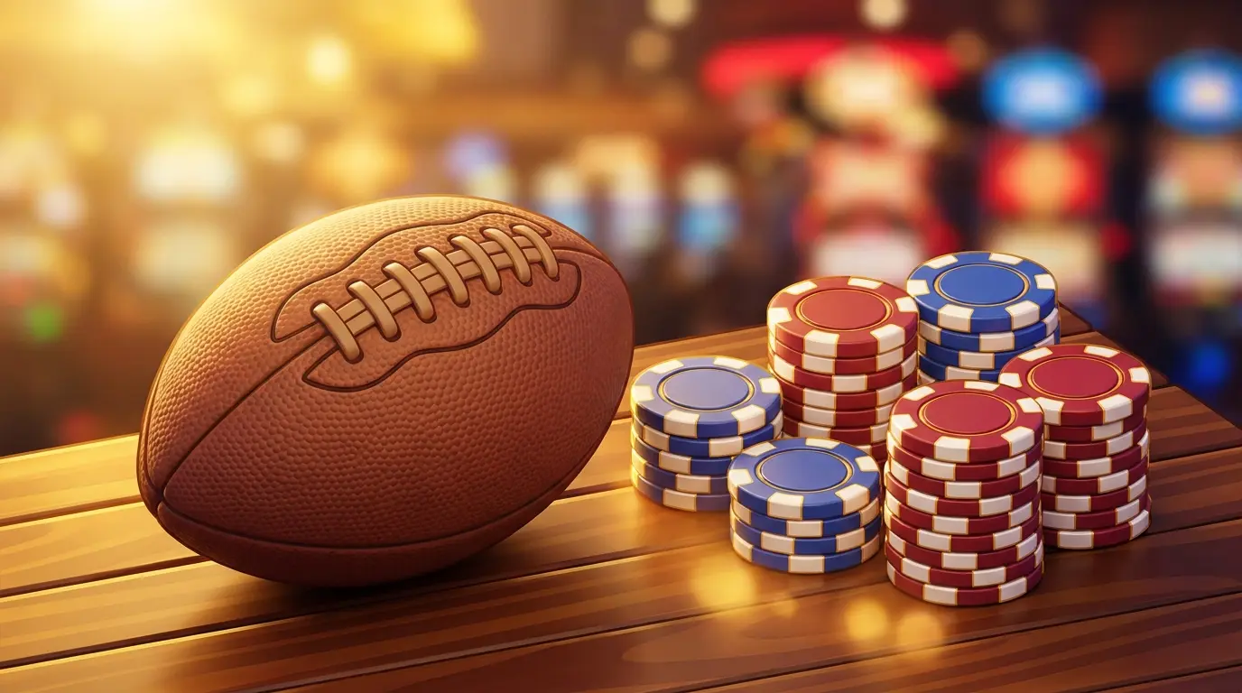 Football and betting chips with British colors on wooden surface