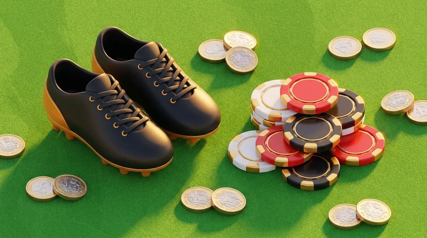 Football boots with betting chips and UK currency overhead view