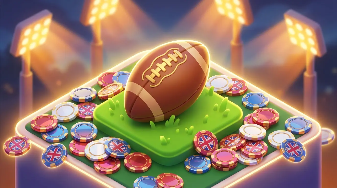 Football and poker chips on grass with stadium lights