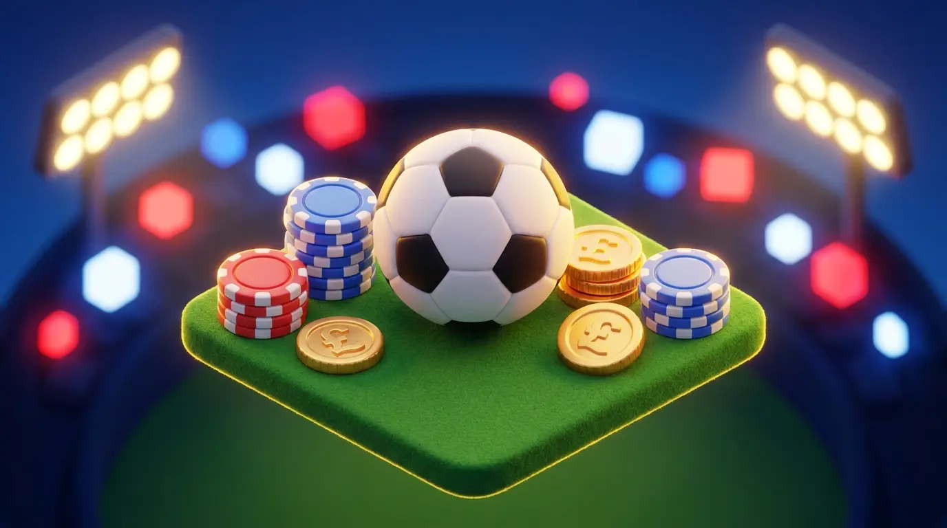 Football surrounded by betting chips and British pound coins on pitch