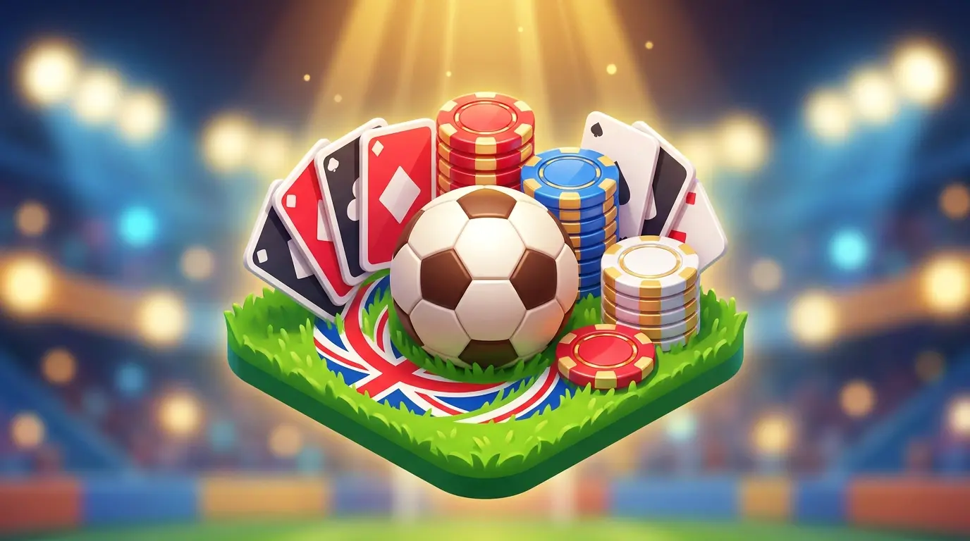 Football surrounded by casino chips and cards with UK colors