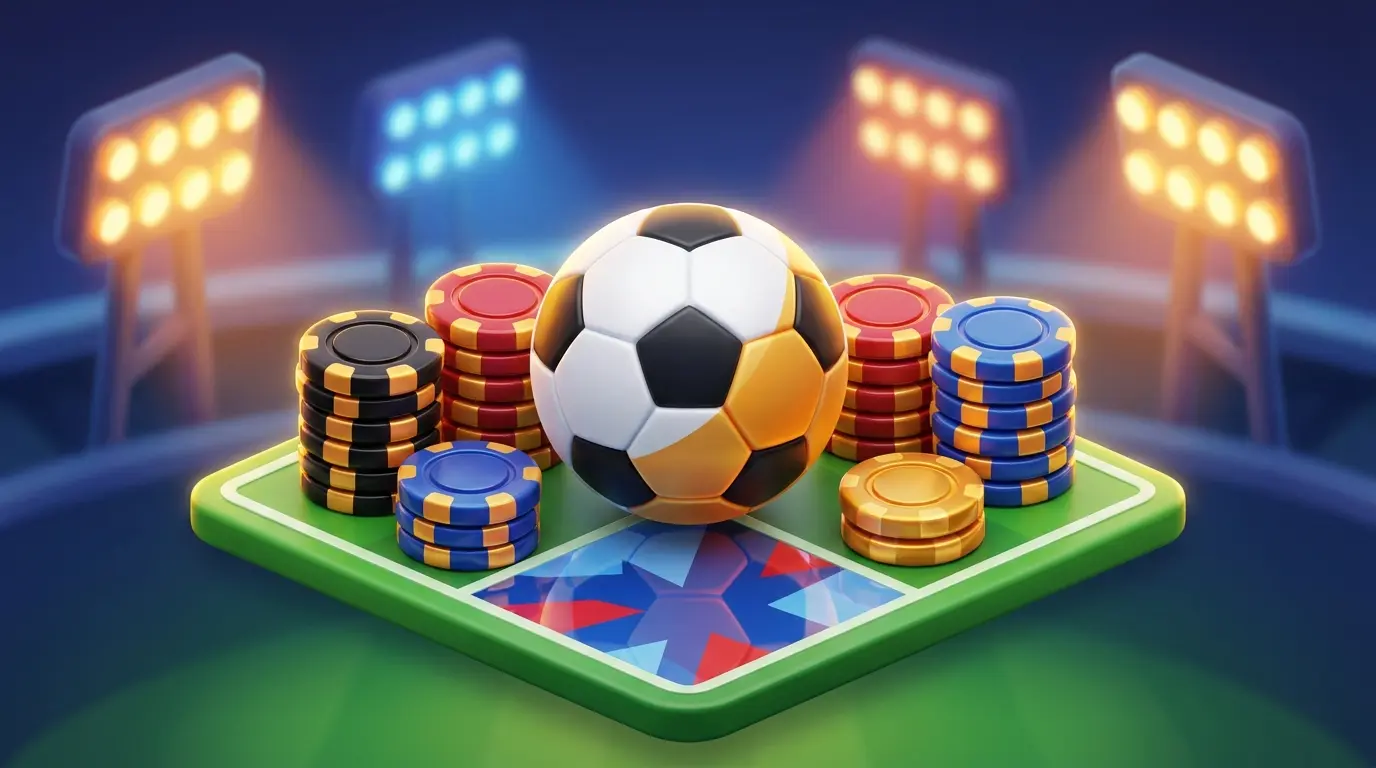 Football surrounded by betting chips on pitch with UK flag colours