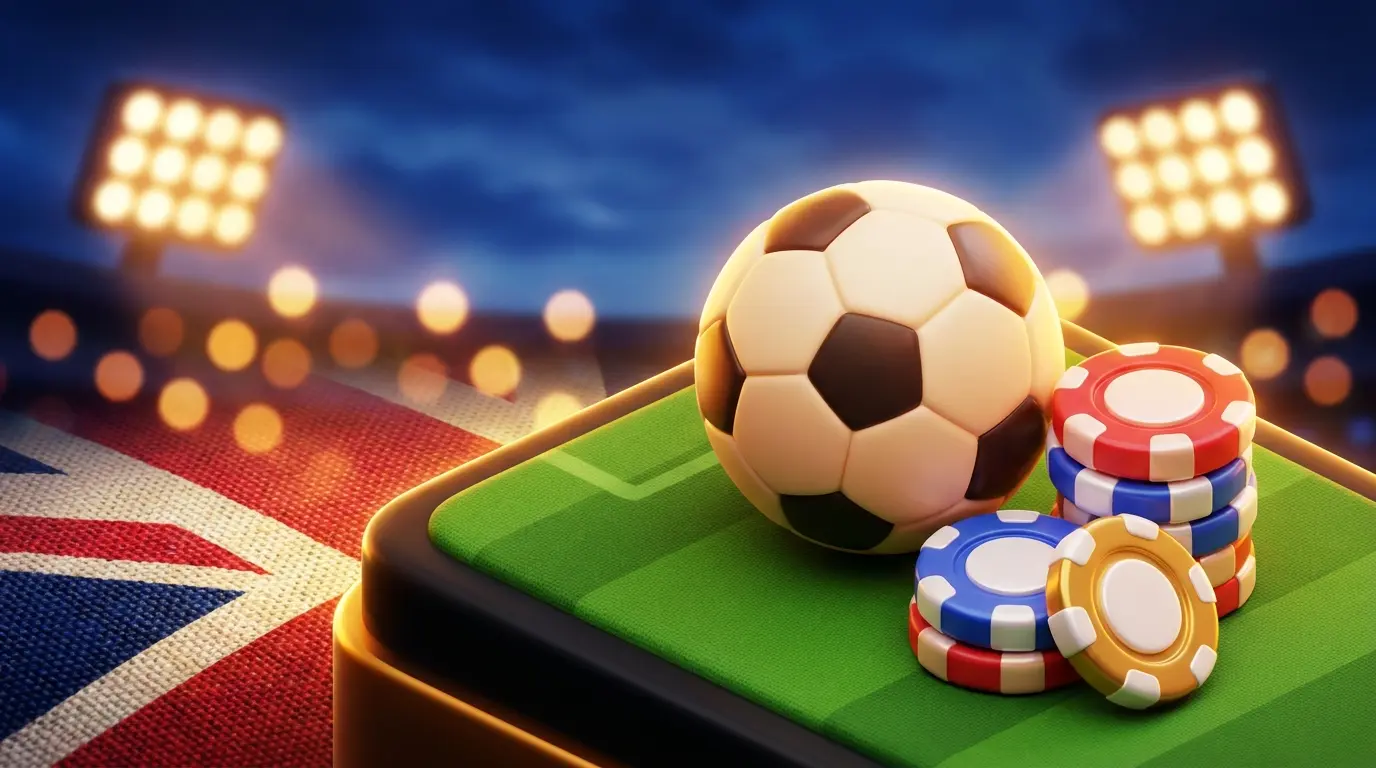 Football and poker chips with UK flag colors and stadium lights