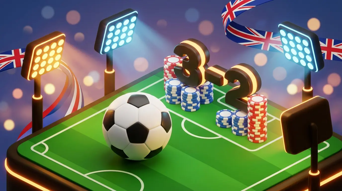 Football and poker chips on pitch with UK colors and stadium lights