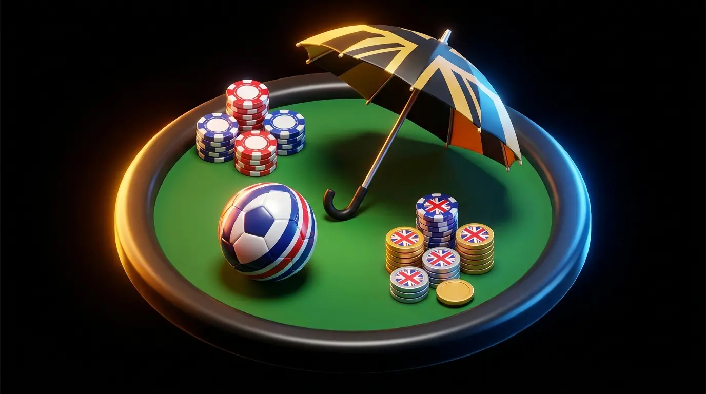 Football and betting chips under protective umbrella with UK colours