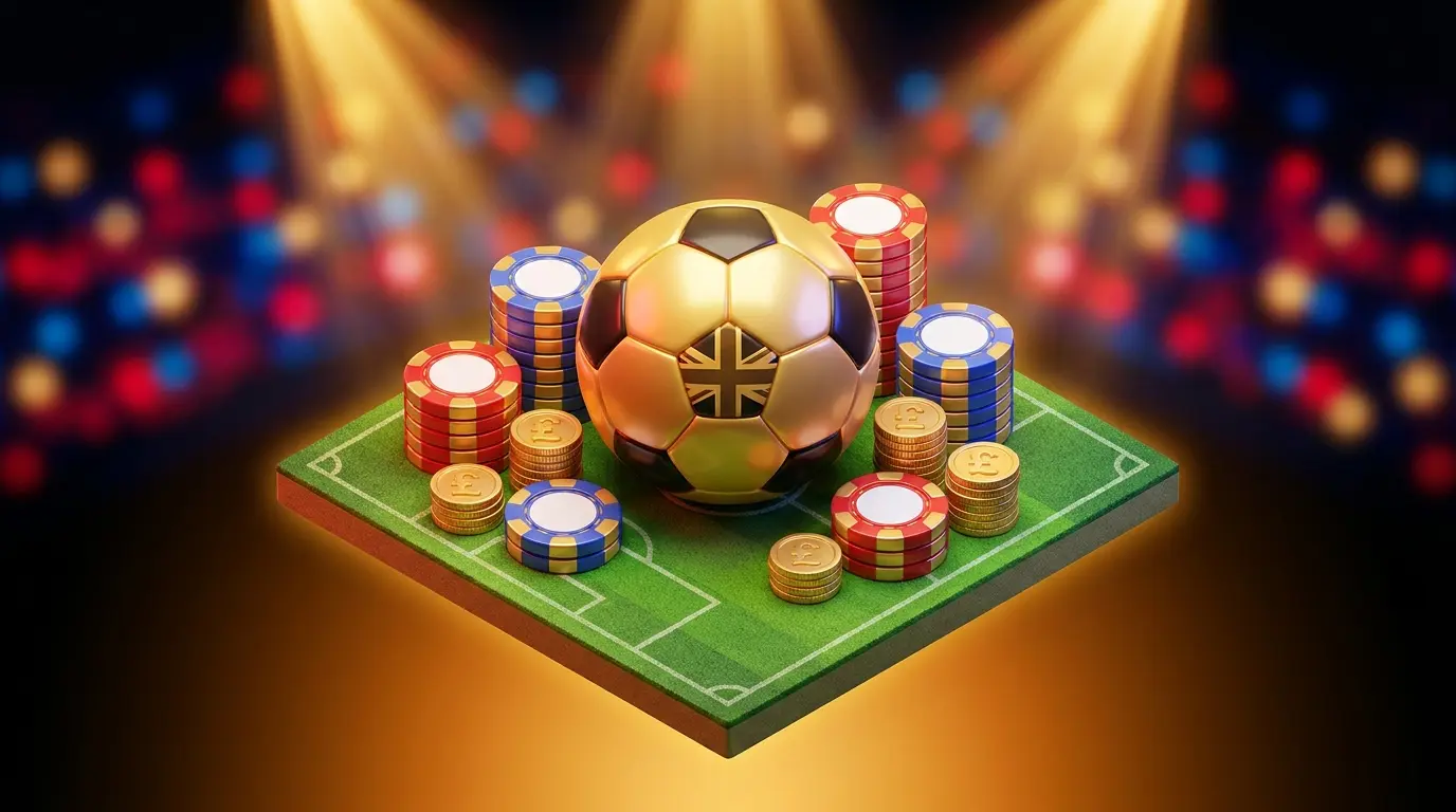 Football surrounded by coins and betting chips in UK colors