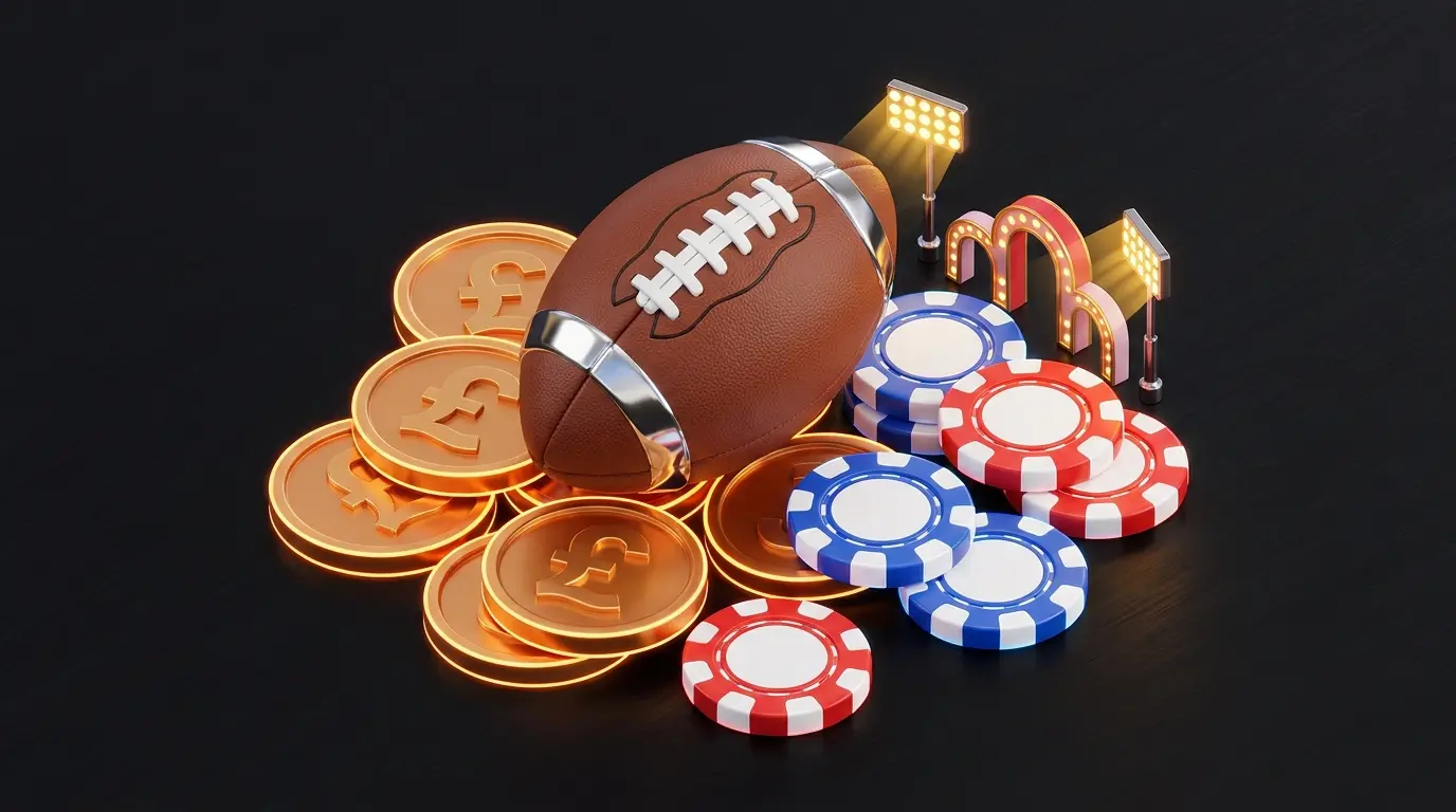 Football with pound coins and betting chips from above