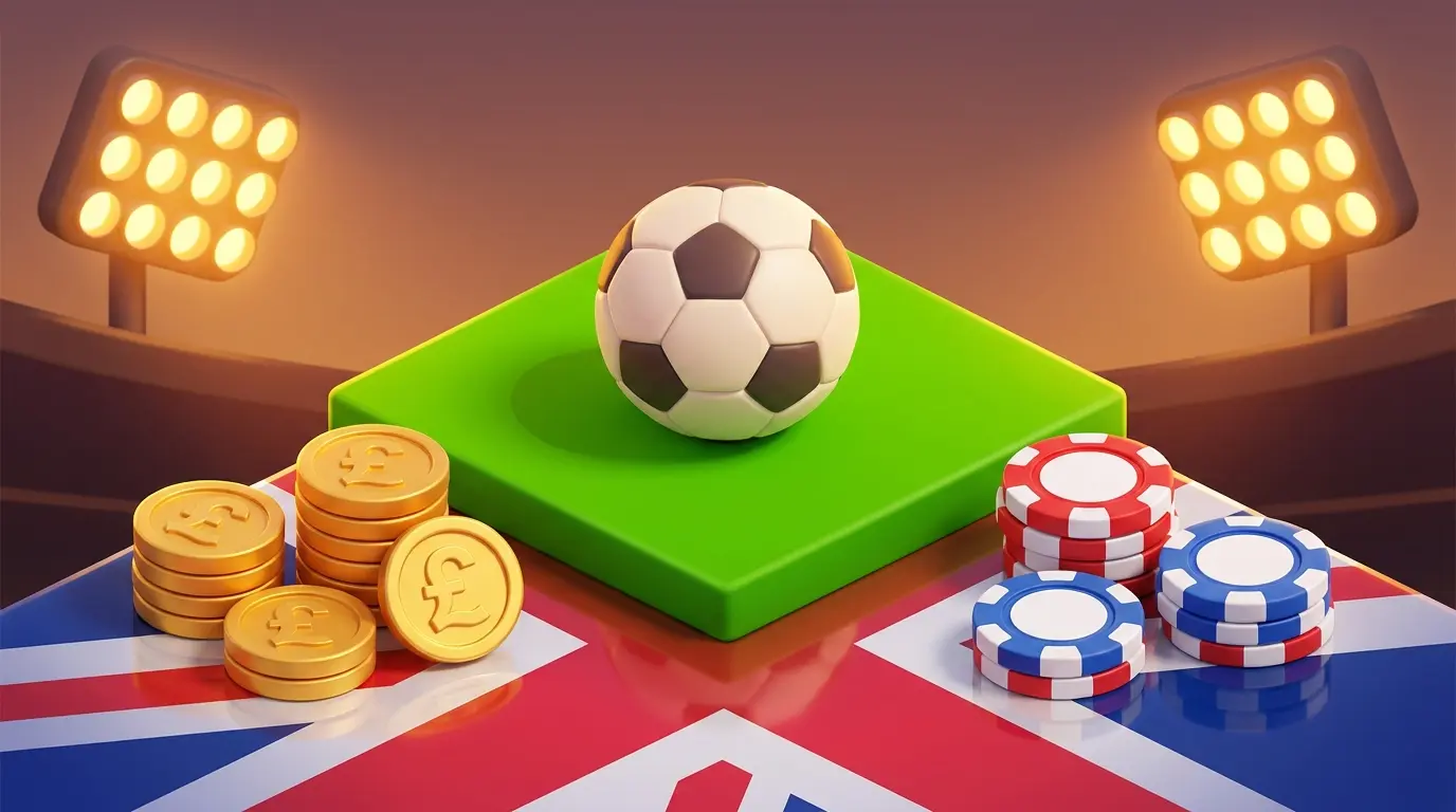 Football with British coins and betting chips on stadium pitch