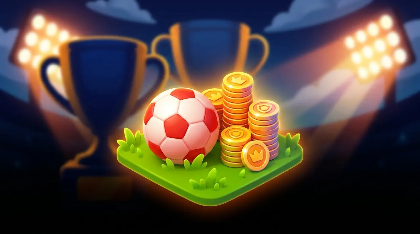 Football and coins on pitch with trophy in background