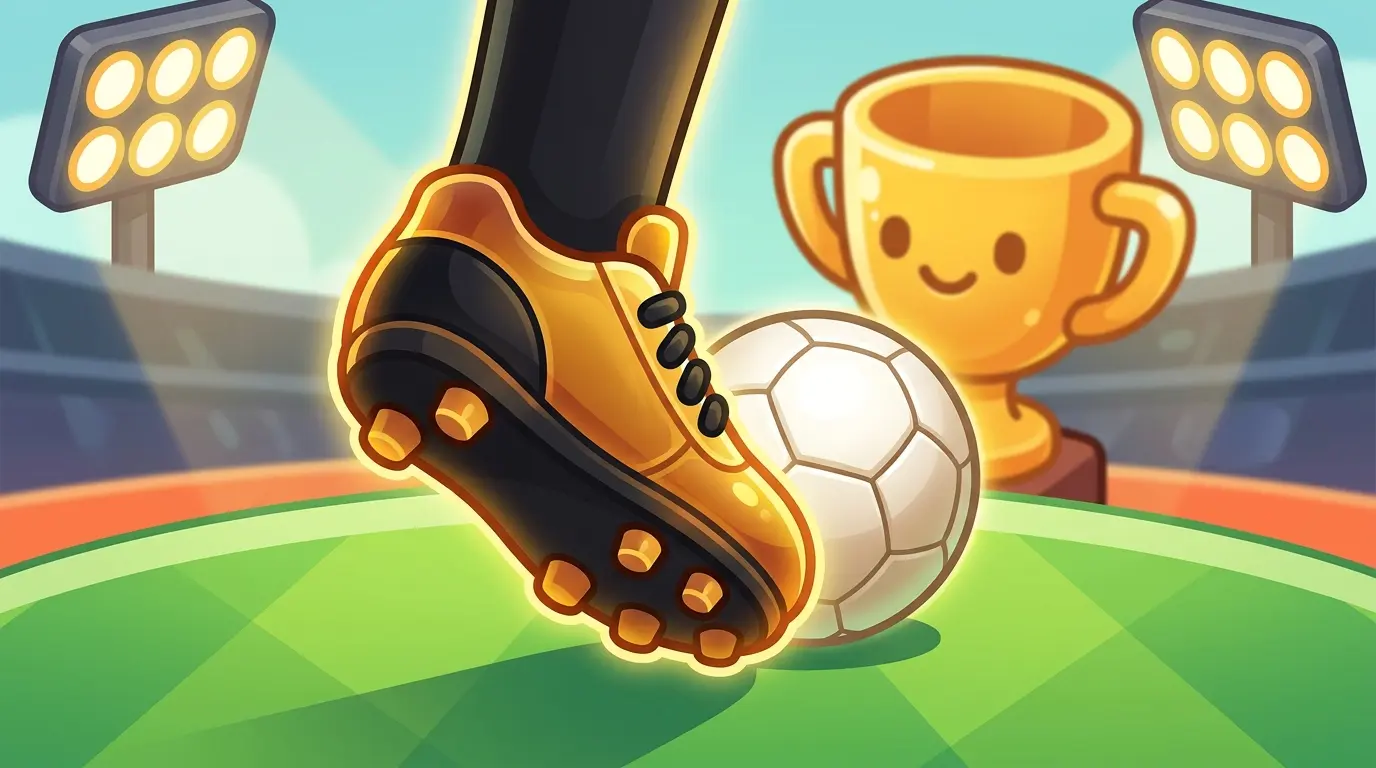Football boot striking ball with trophy in background