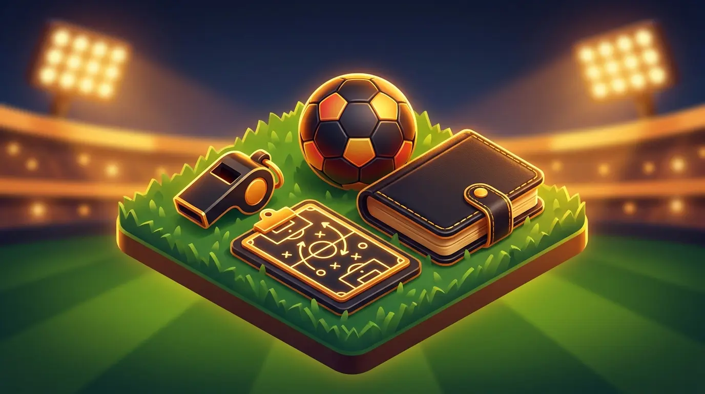 Football whistle and tactics folder on pitch with stadium lights
