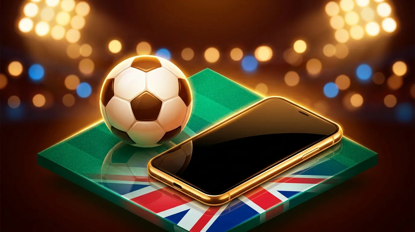 Football and phone on pitch with UK flag colors and stadium lights
