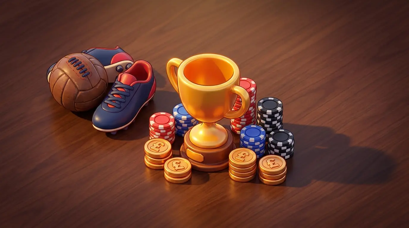 Trophy with betting chips and football equipment arrangement