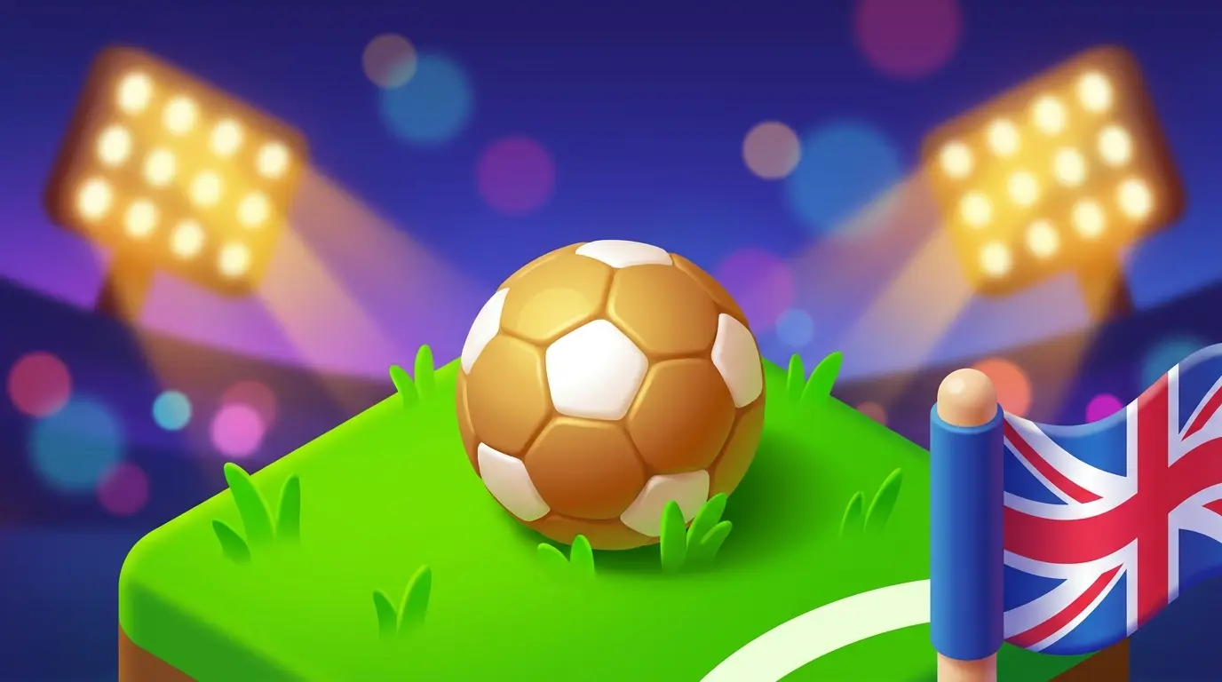 Football on pitch with UK flag colors and stadium lights