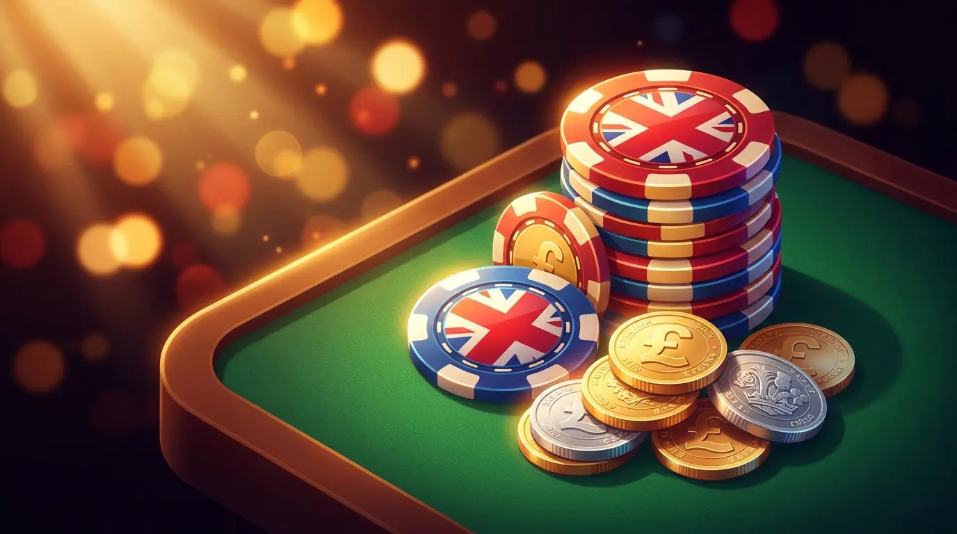 Casino chips and British pound coins on green felt table