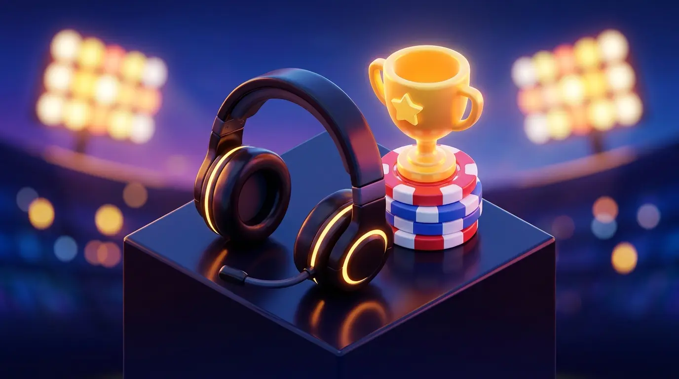 Gaming headset with trophy and colorful casino chips